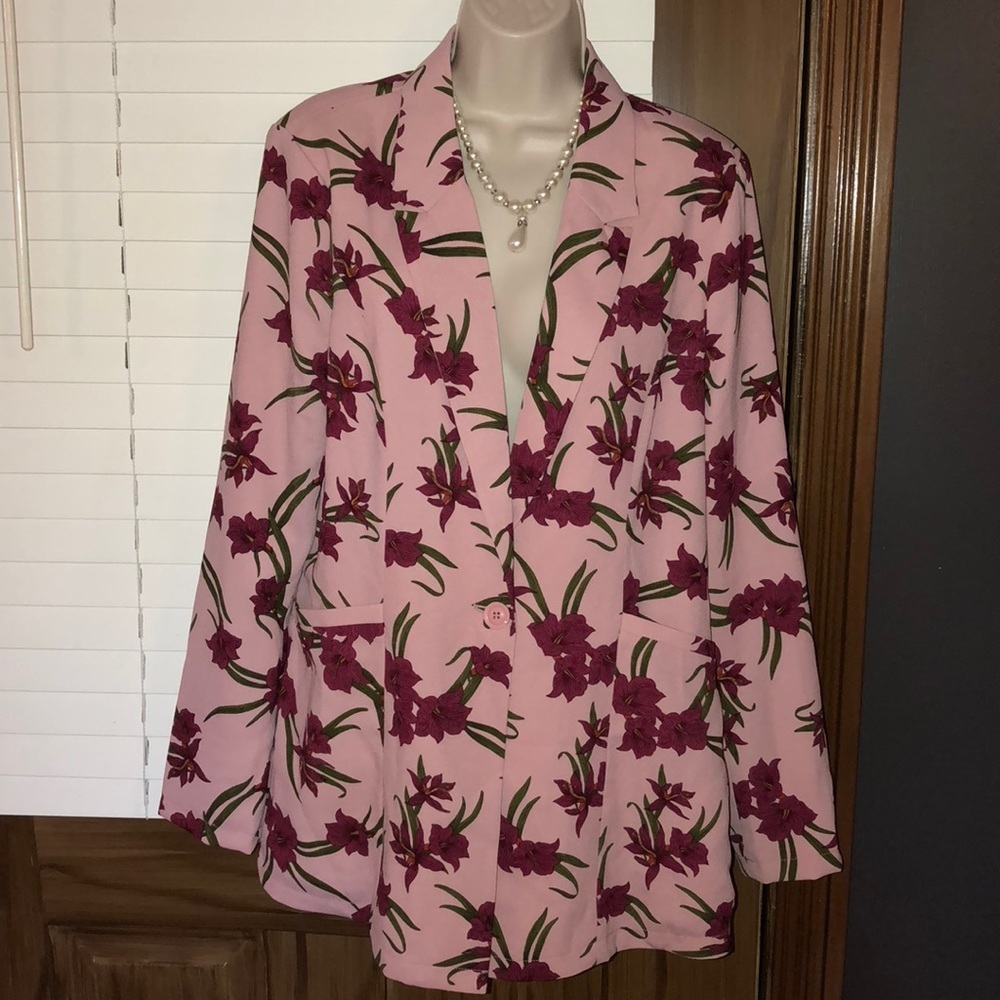 JustFab jacket pink, floral blazer jacket, size XL